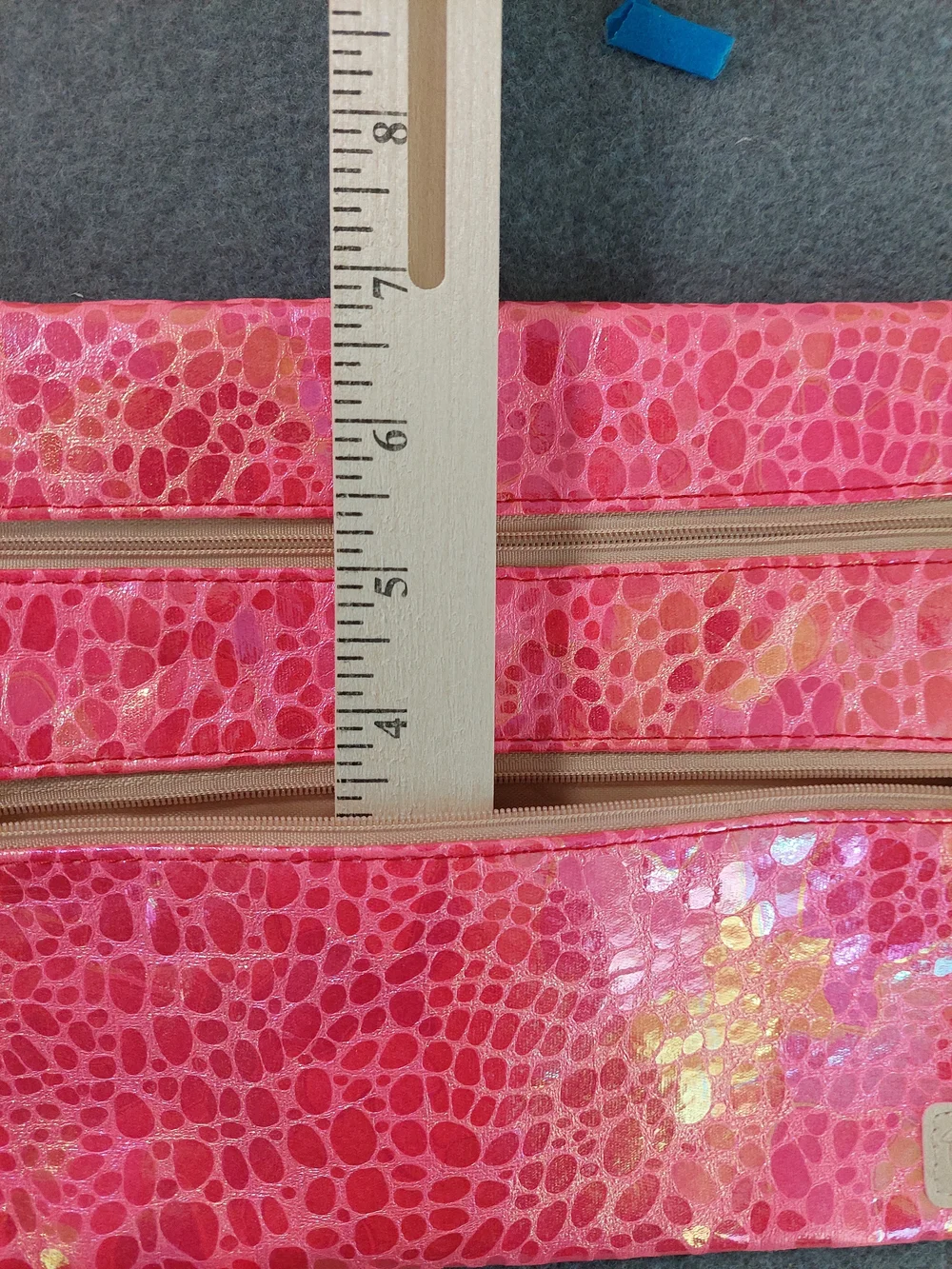 Metallic Hot Pink Textured Multi Zipper Cosmetic Bag Pouch with Peach Patch